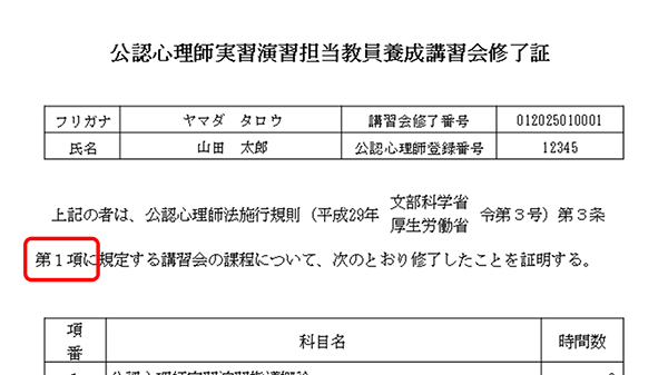 修了証の正しい記載部分